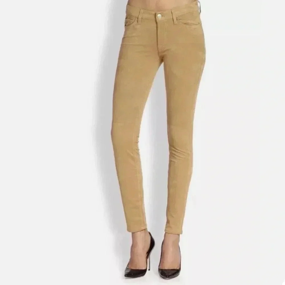 7 For All Mankind Women's Skinny Faux Suede Pants Stretch Tan Boho New size 25